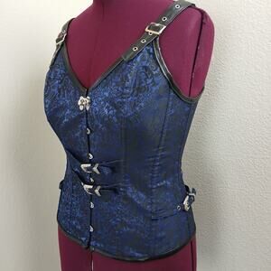 Kimring Corset XXL Gothic Steampunk Brocade Overbust Steel Boned Bustier Blue